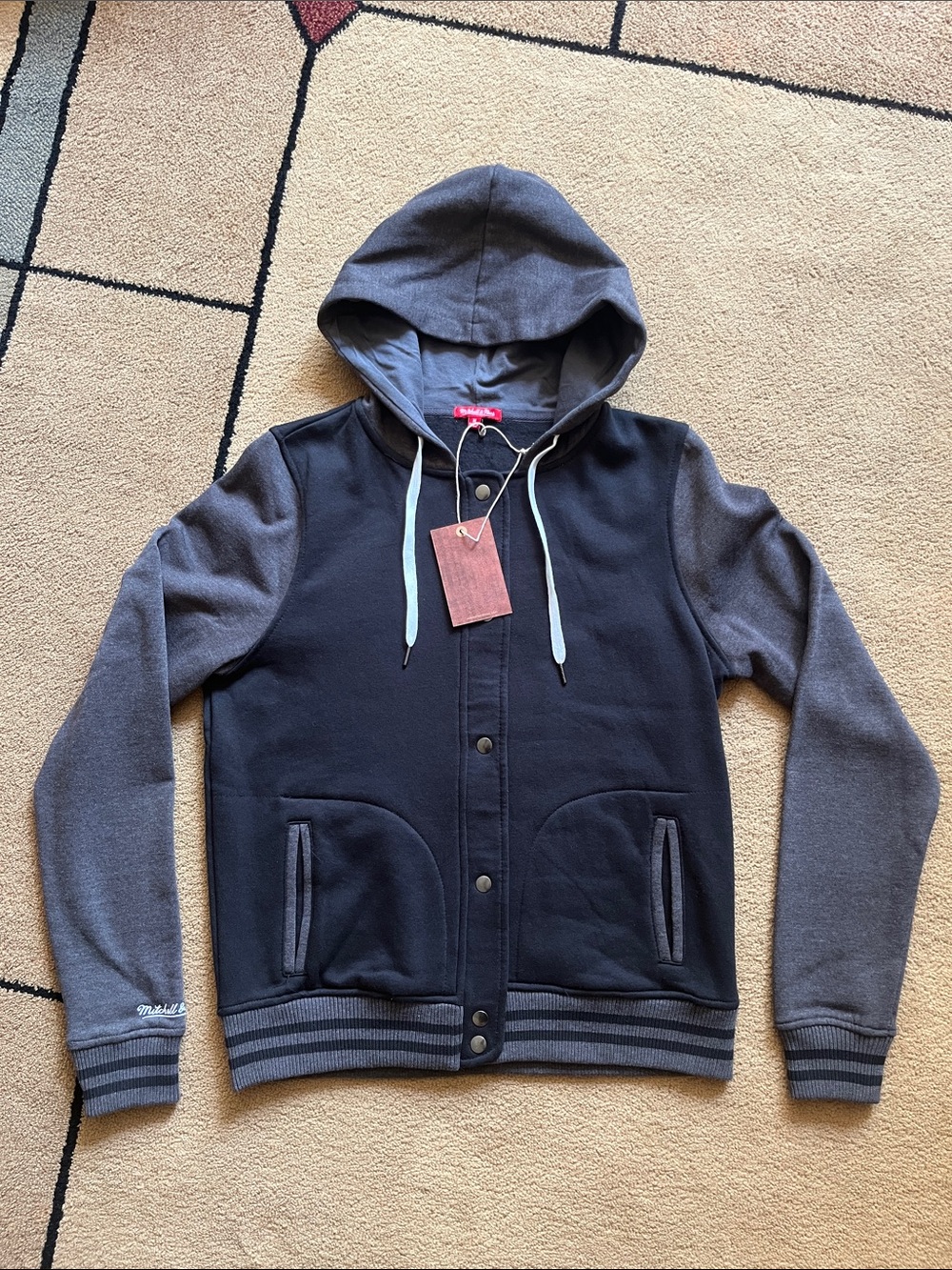 Mitchell & Ness Black and Charcoal Snap up Jacket with Hood women’s Medium